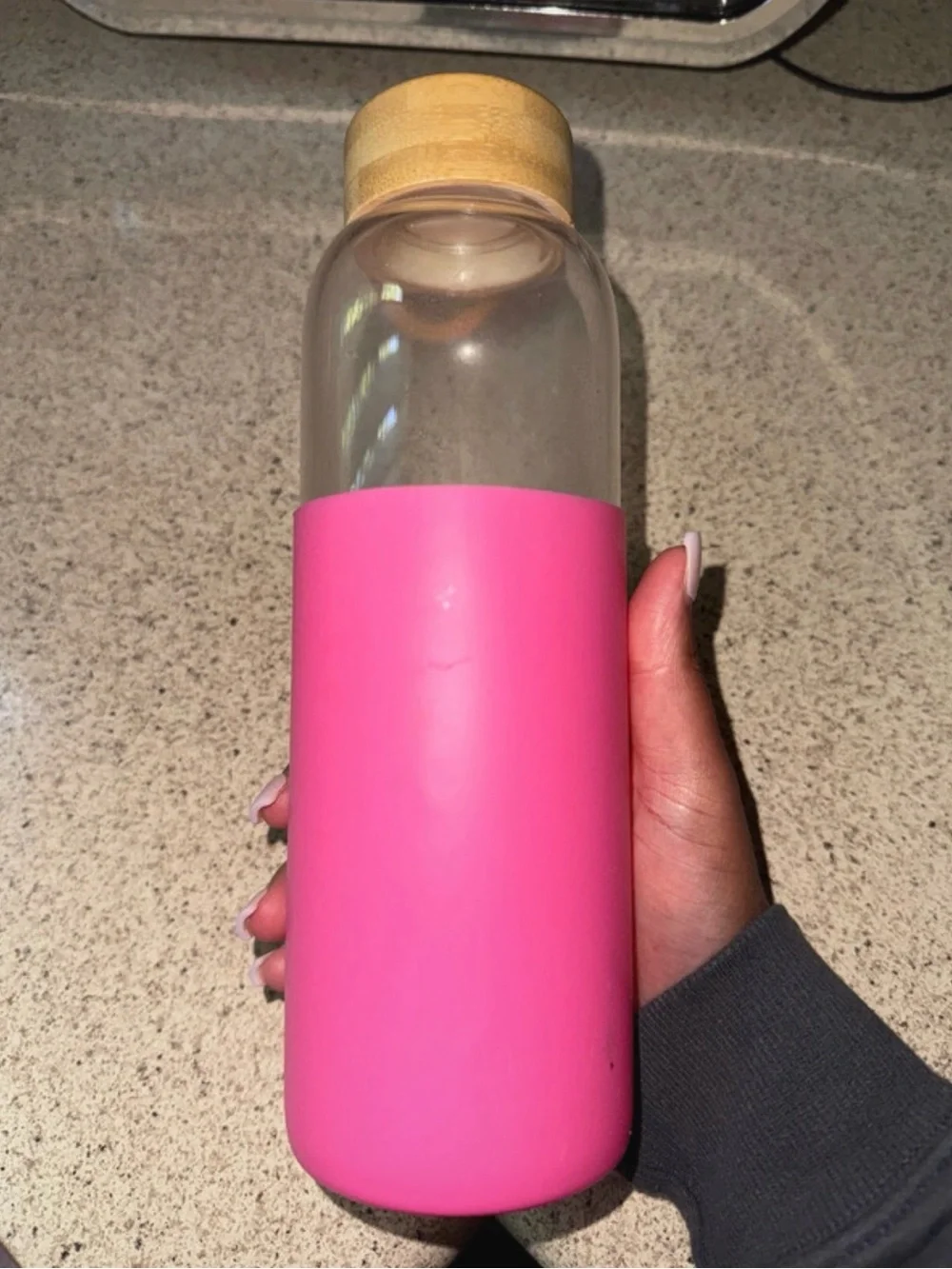 Reusable Glass Water Bottle with Bamboo Lid and Pink Sleeve